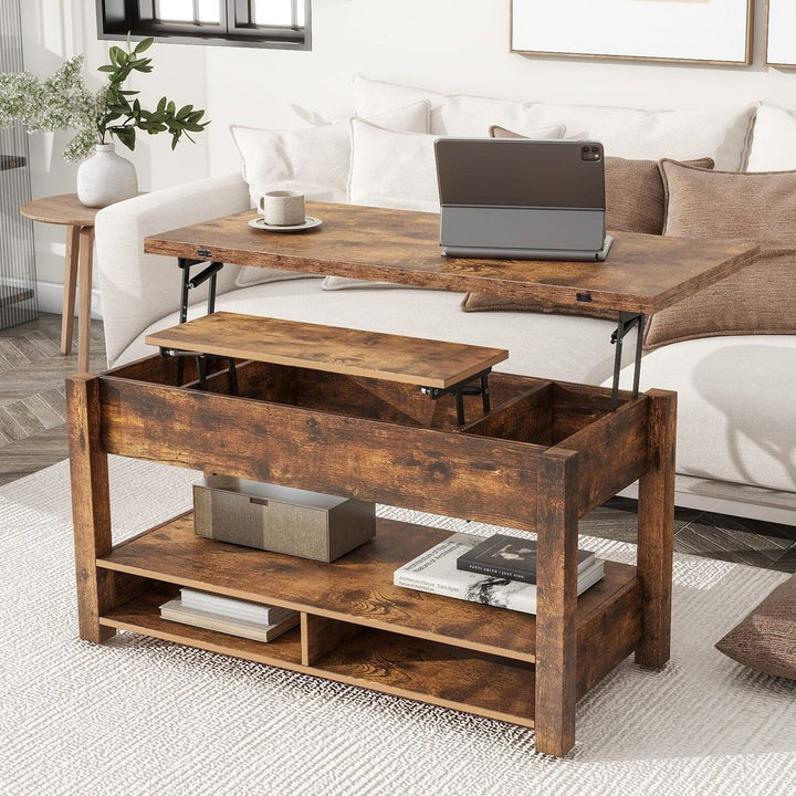 Lift Top Coffee Table Multi-Functional with Open Shelves Rustic Brown Image 1