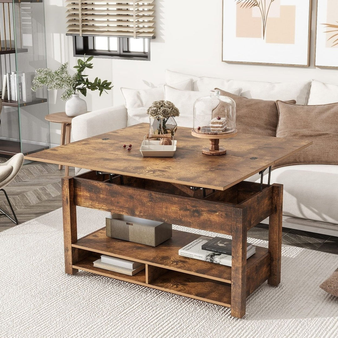 Lift Top Coffee Table Multi-Functional with Open Shelves Rustic Brown Image 2