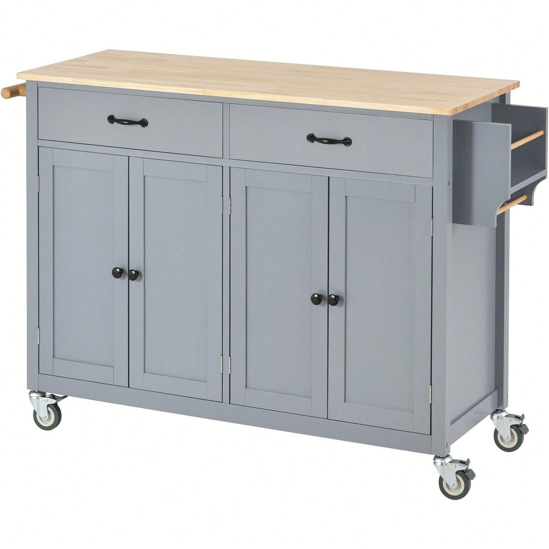 Kitchen Island Cart With Solid Wood Top And Locking Wheels, 54.3 Inch Width, 4 Door Cabinet And Two Drawers, Spice Rack, Image 2