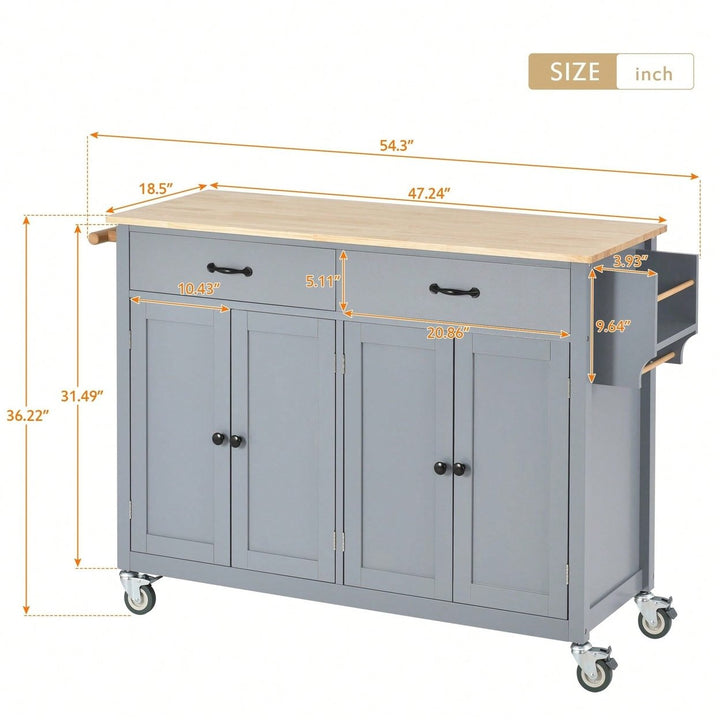 Kitchen Island Cart With Solid Wood Top And Locking Wheels, 54.3 Inch Width, 4 Door Cabinet And Two Drawers, Spice Rack, Image 4