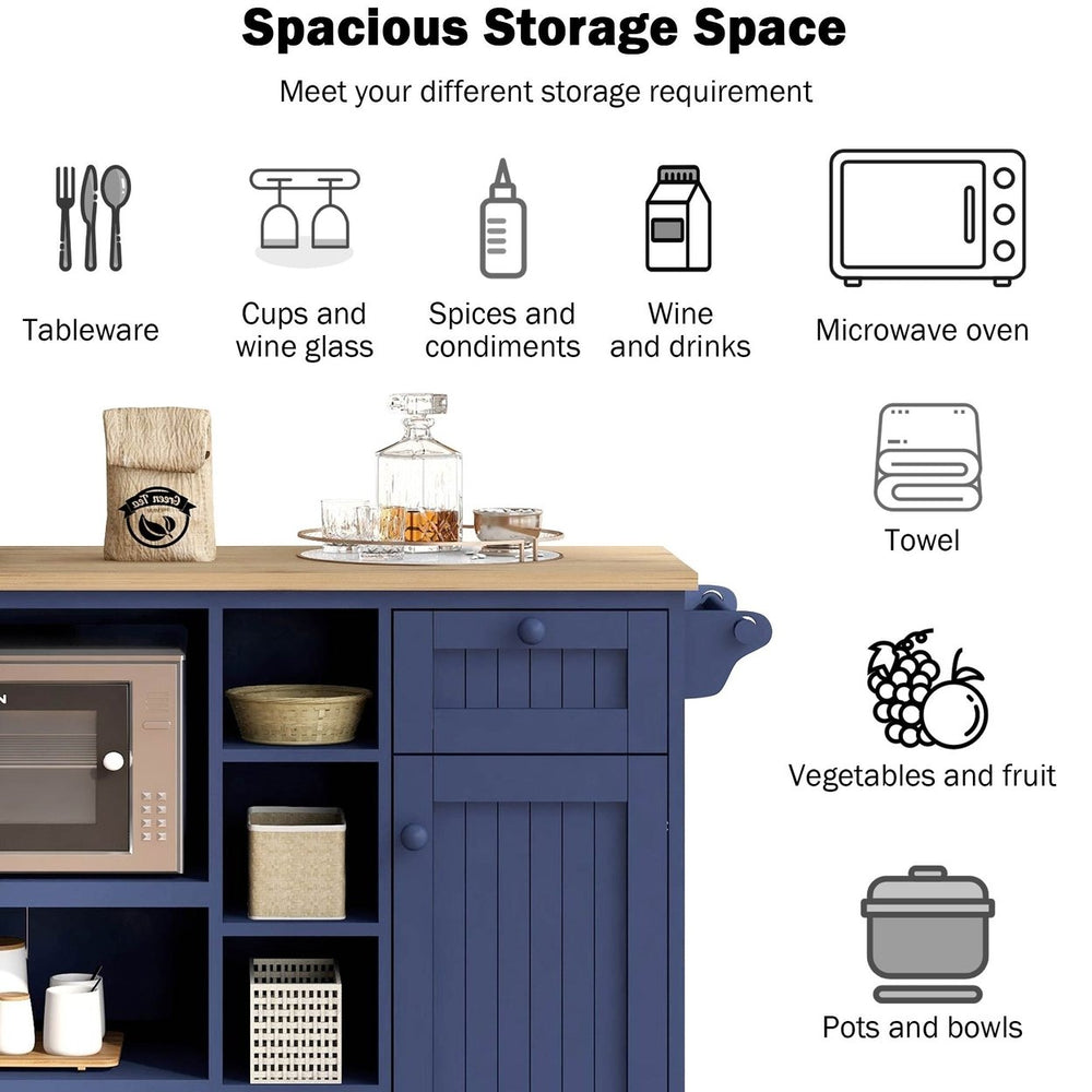 Kitchen Island Cart with Storage Cabinet and Locking Wheels, Solid Wood Top, Microwave Buffet Server for Kitchen, Image 2