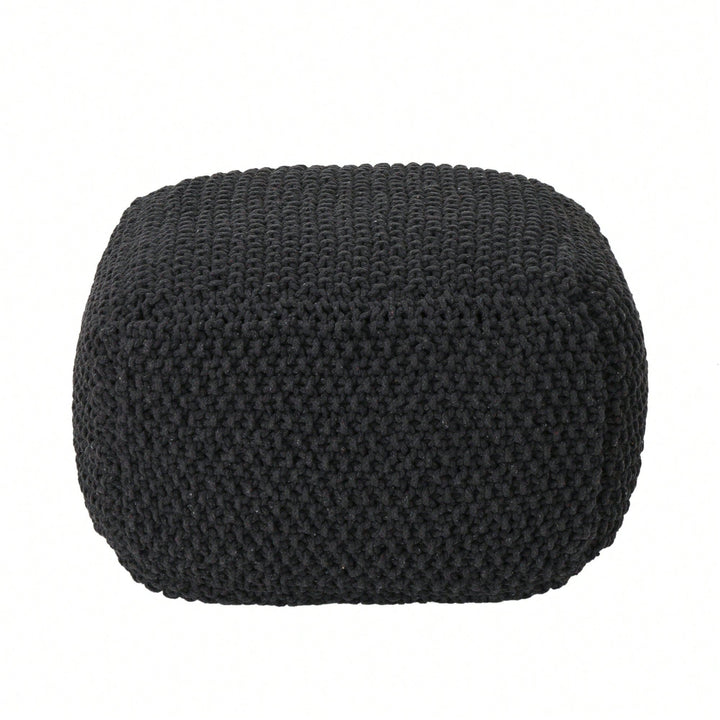 Knitted Cotton Square Pouf Cube Dark Grey 20x20x16 For Extra Seating Or Footrest Image 2