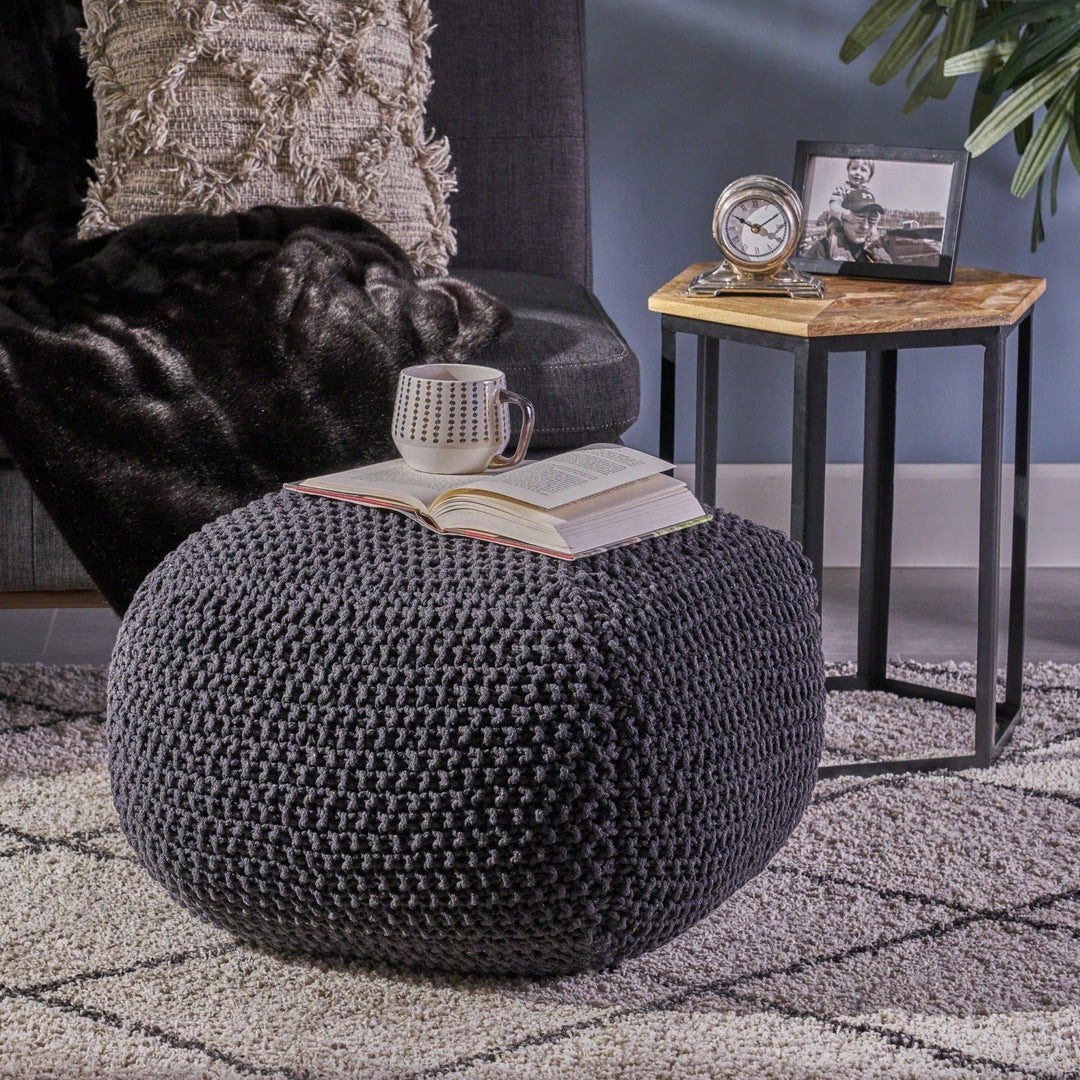 Knitted Cotton Square Pouf Cube Dark Grey 20x20x16 For Extra Seating Or Footrest Image 4