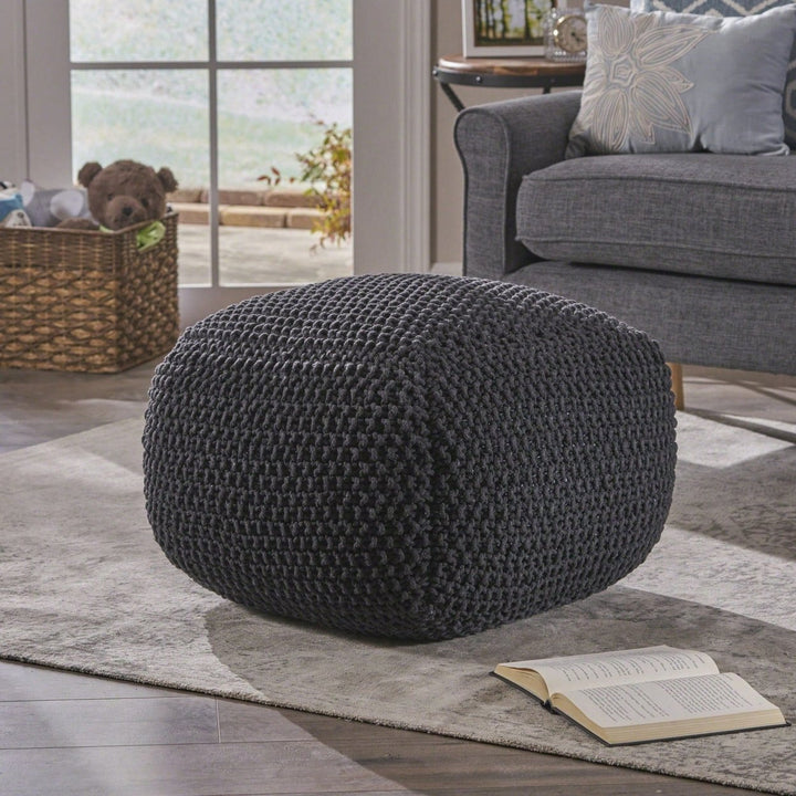 Knitted Cotton Square Pouf Cube Dark Grey 20x20x16 For Extra Seating Or Footrest Image 9