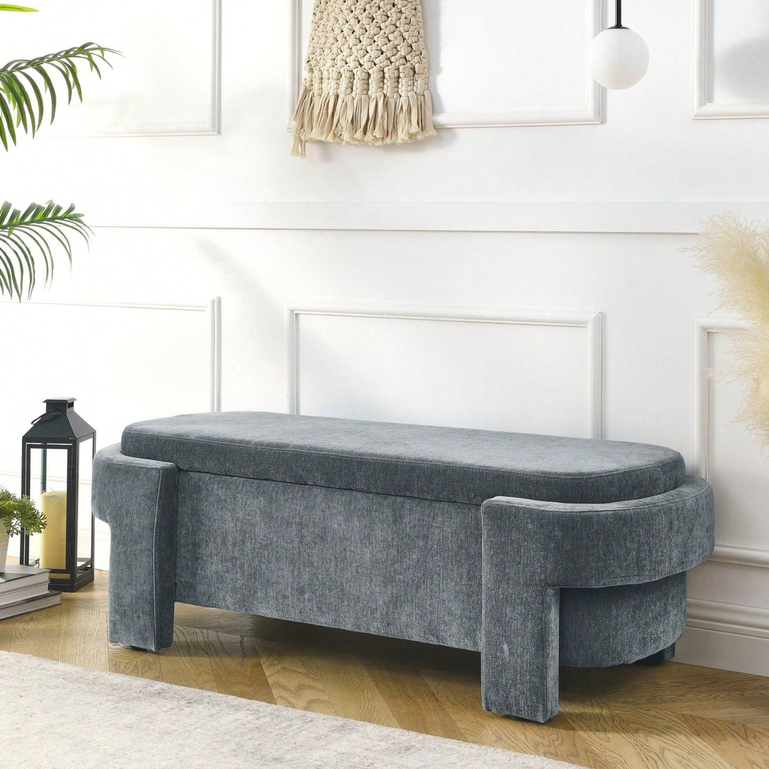 Large Storage Entry Bench With Soft Chenille Upholstery And Quality Foam, Grey Image 4