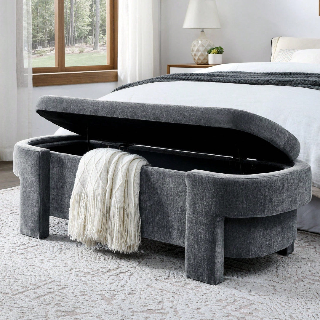 Large Storage Entry Bench With Soft Chenille Upholstery And Quality Foam, Grey Image 7