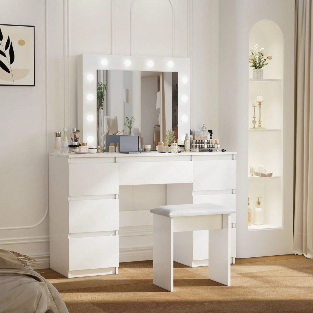 Large White Vanity Table with Adjustable LED Lights Ample Storage Contemporary Design for Bedroom or Makeup Studio Image 4