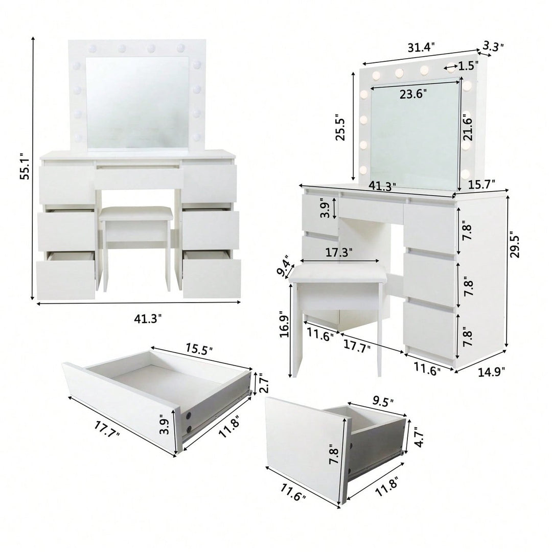 Large White Vanity Table with Adjustable LED Lights Ample Storage Contemporary Design for Bedroom or Makeup Studio Image 5