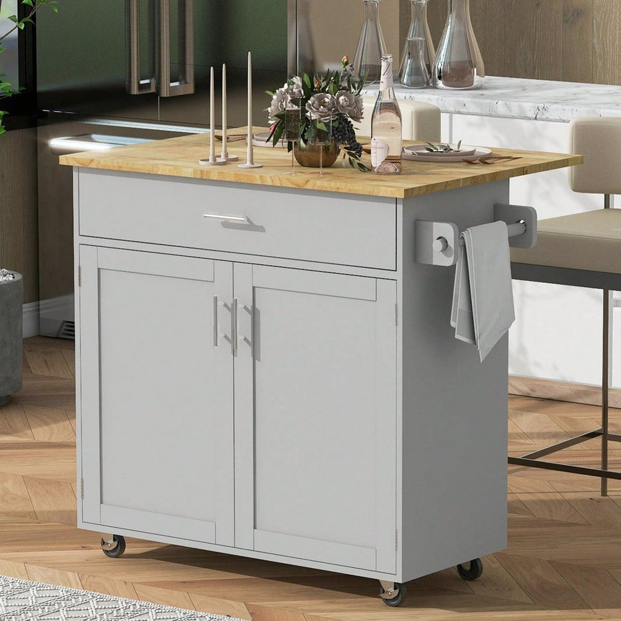 Mobile Kitchen Island Cart with Drop-Leaf Rubber Wood Top Storage Drawer Adjustable Shelf Locking Wheels Image 1