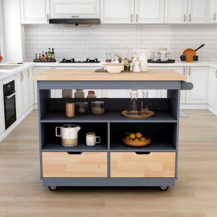 Mobile Kitchen Island Cart with Storage and Wood Top - Rolling Two-Sided Cart with Wine Rack, Spice Rack, Drawers and Image 2