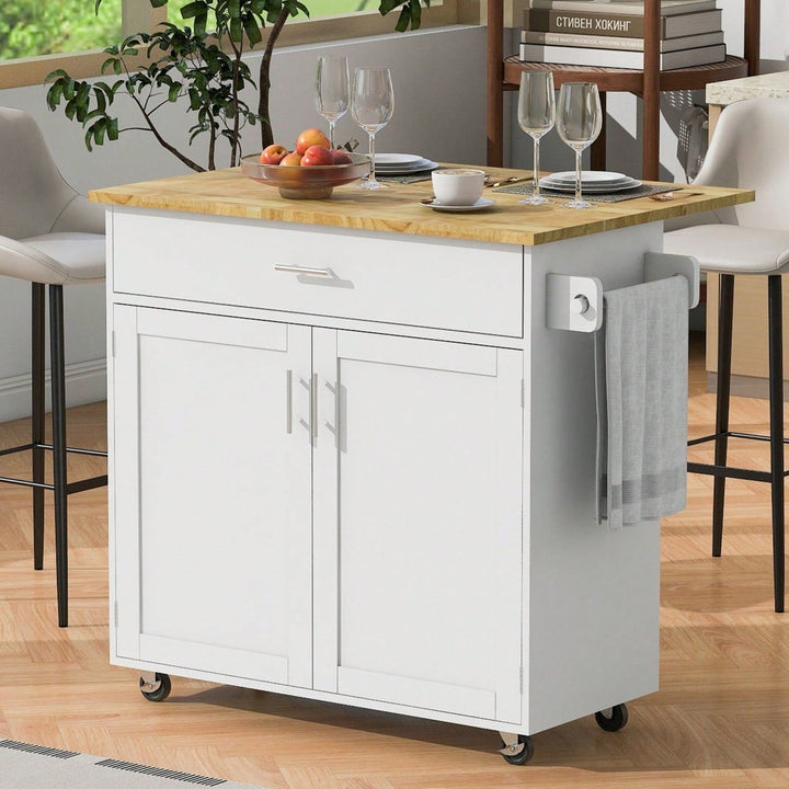 Mobile Kitchen Island Cart with Drop-Leaf Rubber Wood Top Storage Drawer Adjustable Shelf Locking Wheels Image 2