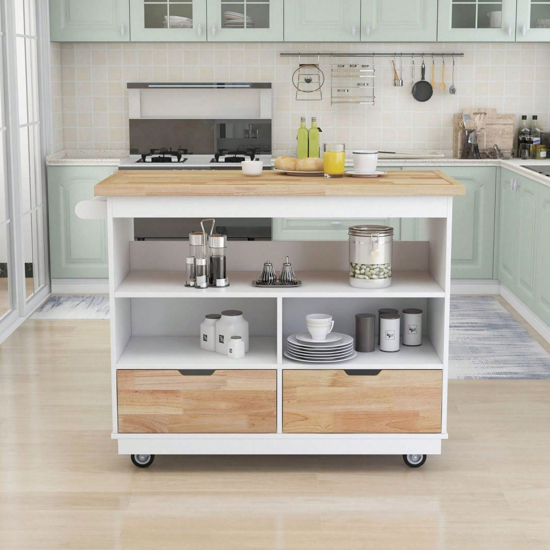 Mobile Kitchen Island Cart with Storage and Wood Top - Rolling Two-Sided Cart with Wine Rack, Spice Rack, Drawers and Image 3