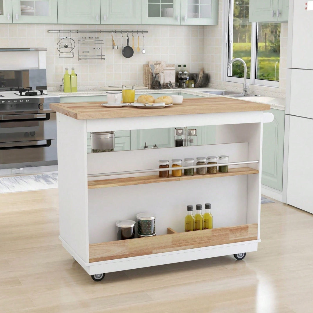 Mobile Kitchen Island Cart with Storage and Wood Top - Rolling Two-Sided Cart with Wine Rack, Spice Rack, Drawers and Image 4