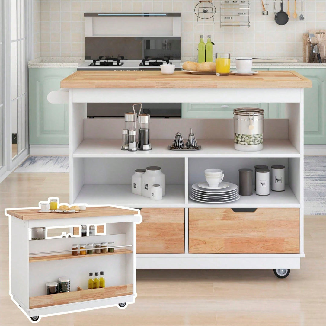 Mobile Kitchen Island Cart with Storage and Wood Top - Rolling Two-Sided Cart with Wine Rack, Spice Rack, Drawers and Image 5