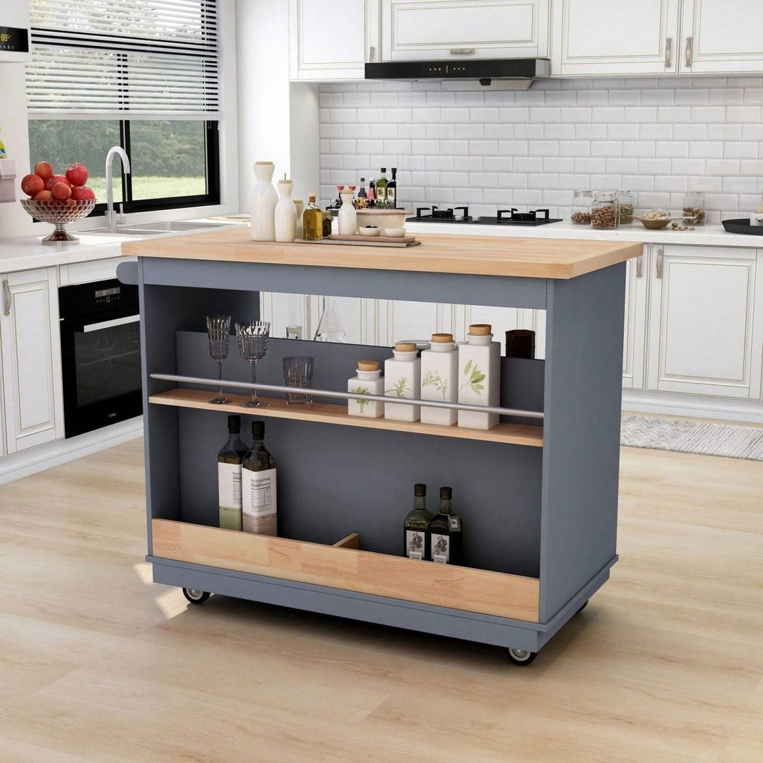 Mobile Kitchen Island Cart with Storage and Wood Top - Rolling Two-Sided Cart with Wine Rack, Spice Rack, Drawers and Image 9