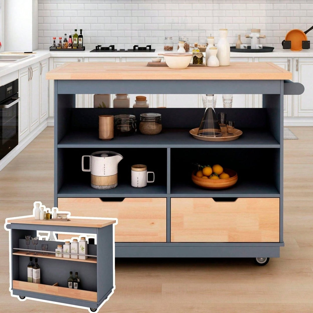 Mobile Kitchen Island Cart with Storage and Wood Top - Rolling Two-Sided Cart with Wine Rack, Spice Rack, Drawers and Image 10