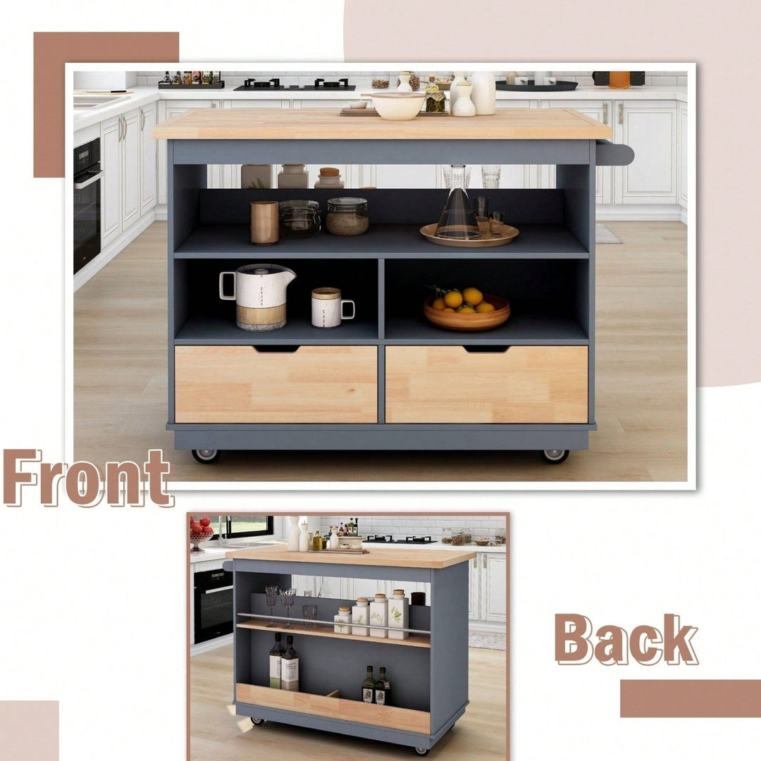 Mobile Kitchen Island Cart with Storage and Wood Top - Rolling Two-Sided Cart with Wine Rack, Spice Rack, Drawers and Image 11