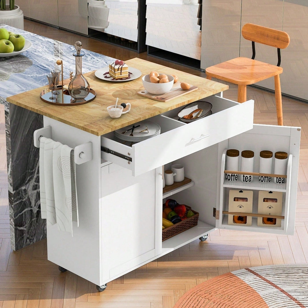 Mobile Kitchen Island Cart with Drop-Leaf Rubber Wood Top Storage Drawer Adjustable Shelf Locking Wheels Image 10