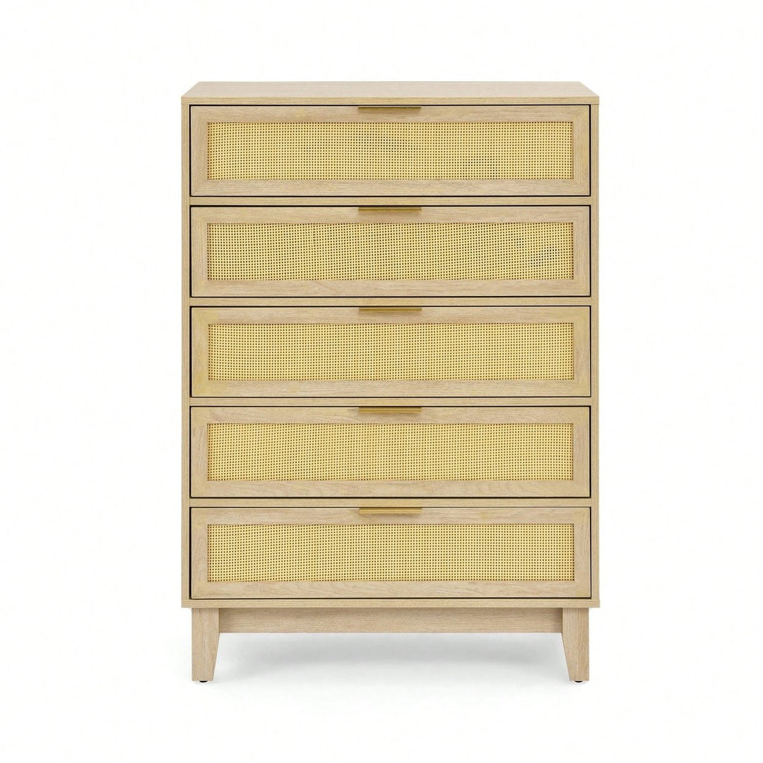 Modern 5-Drawer Rattan Dresser - Stylish Wooden Chest With Ample Storage For Bedroom, Hallway, Or Living Room Image 1