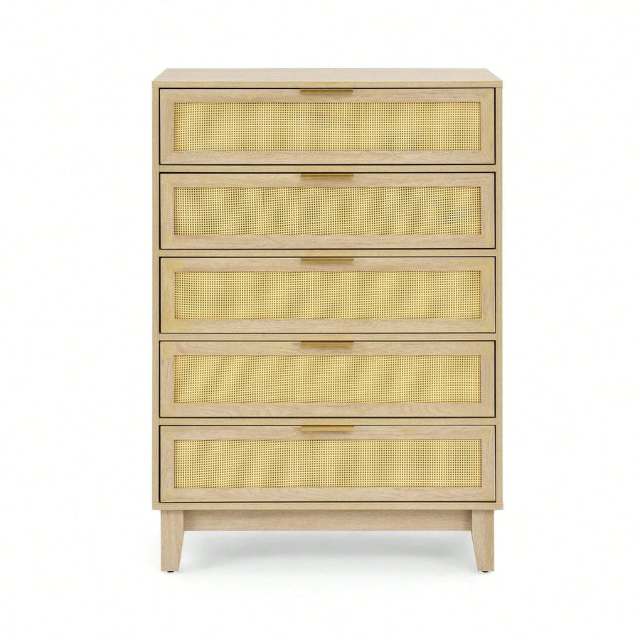 Modern 5-Drawer Rattan Dresser - Stylish Wooden Chest With Ample Storage For Bedroom, Hallway, Or Living Room Image 1