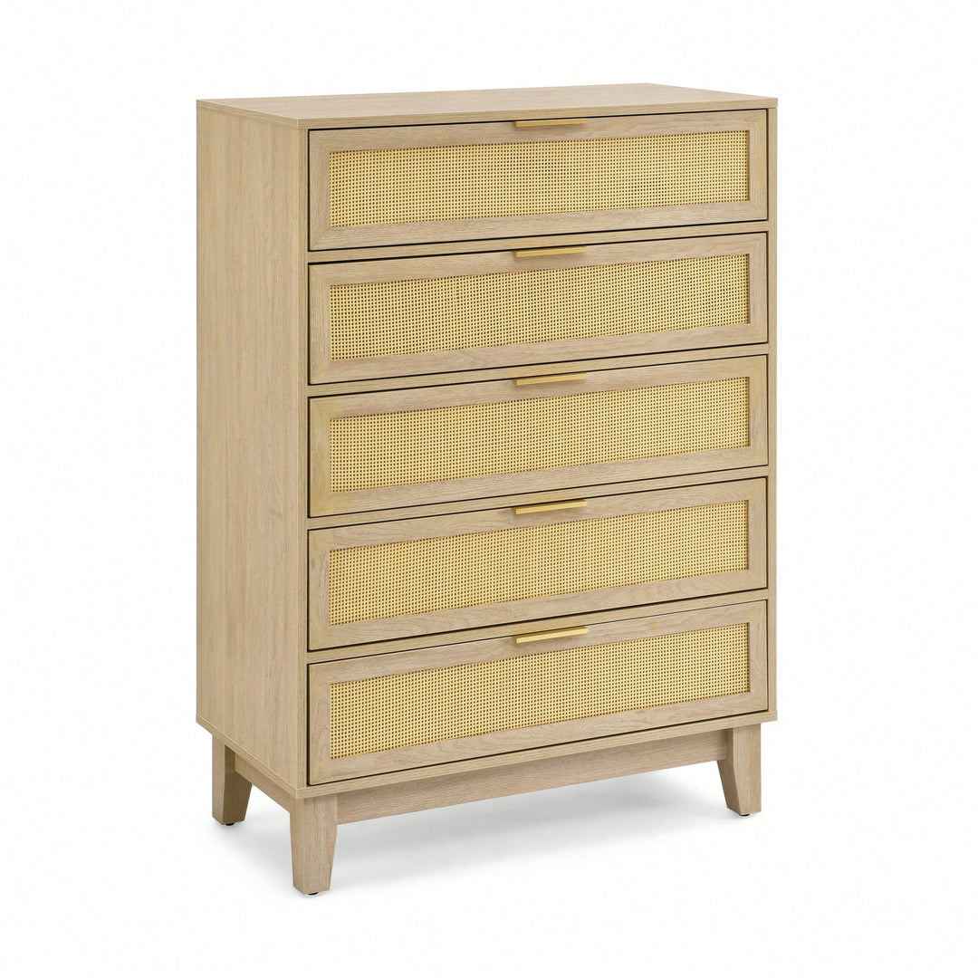 Modern 5-Drawer Rattan Dresser - Stylish Wooden Chest With Ample Storage For Bedroom, Hallway, Or Living Room Image 2