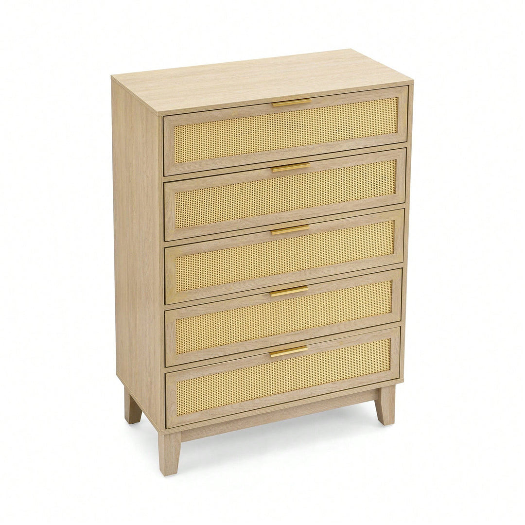 Modern 5-Drawer Rattan Dresser - Stylish Wooden Chest With Ample Storage For Bedroom, Hallway, Or Living Room Image 3