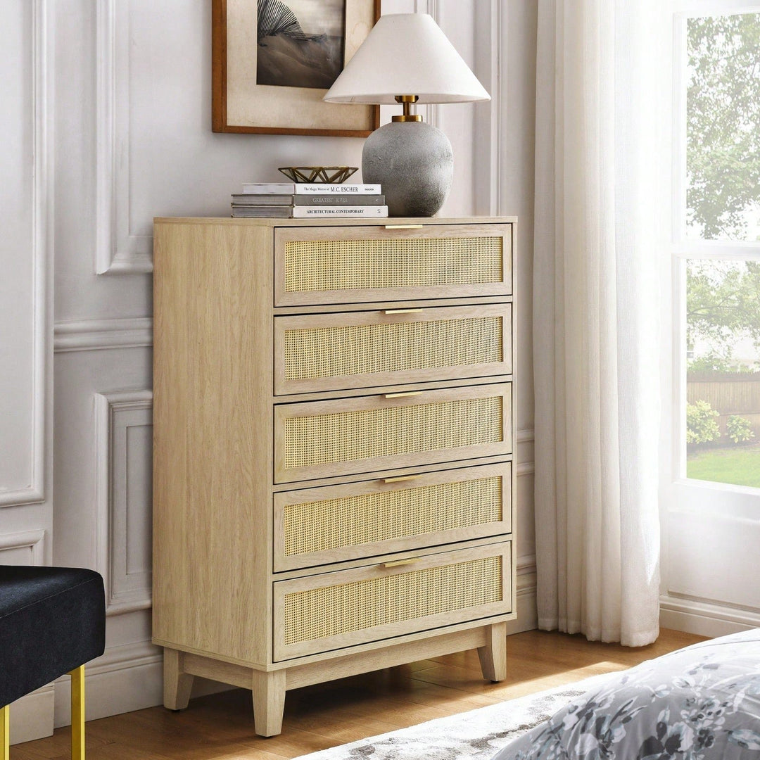 Modern 5-Drawer Rattan Dresser - Stylish Wooden Chest With Ample Storage For Bedroom, Hallway, Or Living Room Image 5