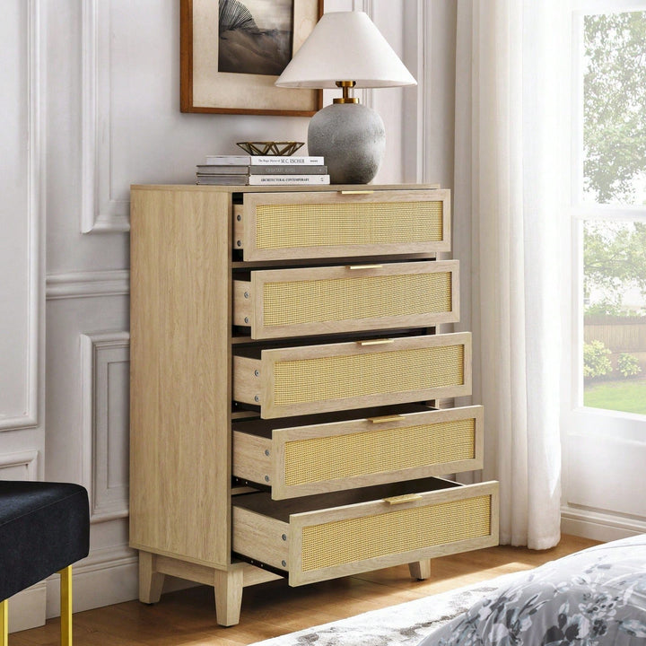 Modern 5-Drawer Rattan Dresser - Stylish Wooden Chest With Ample Storage For Bedroom, Hallway, Or Living Room Image 6