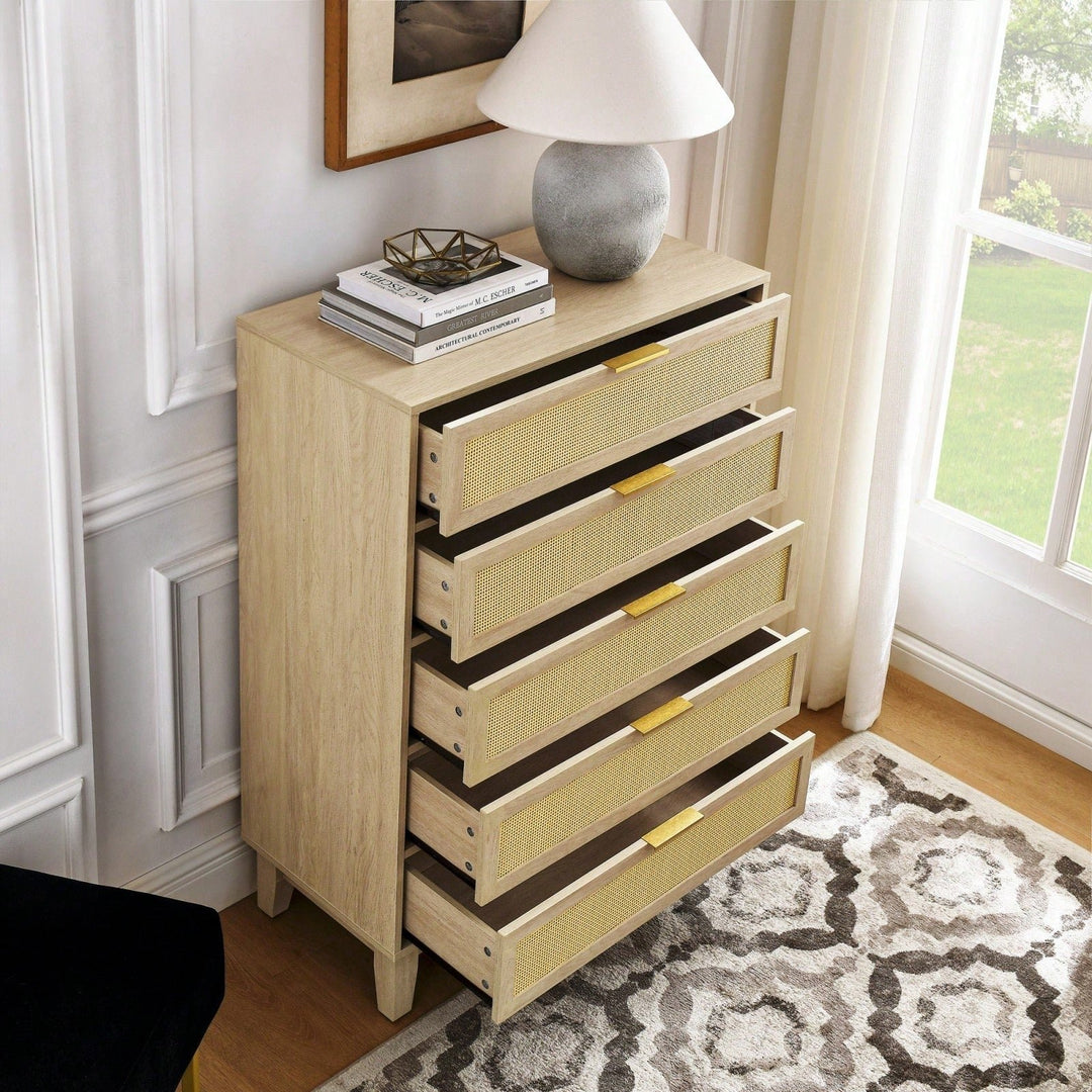 Modern 5-Drawer Rattan Dresser - Stylish Wooden Chest With Ample Storage For Bedroom, Hallway, Or Living Room Image 7