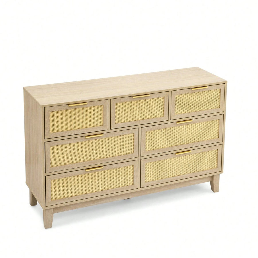 Modern 7-Drawer Rattan Dresser - Stylish Wooden Chest For Spacious Bedroom, Hallway, Or Living Room Storage Image 1