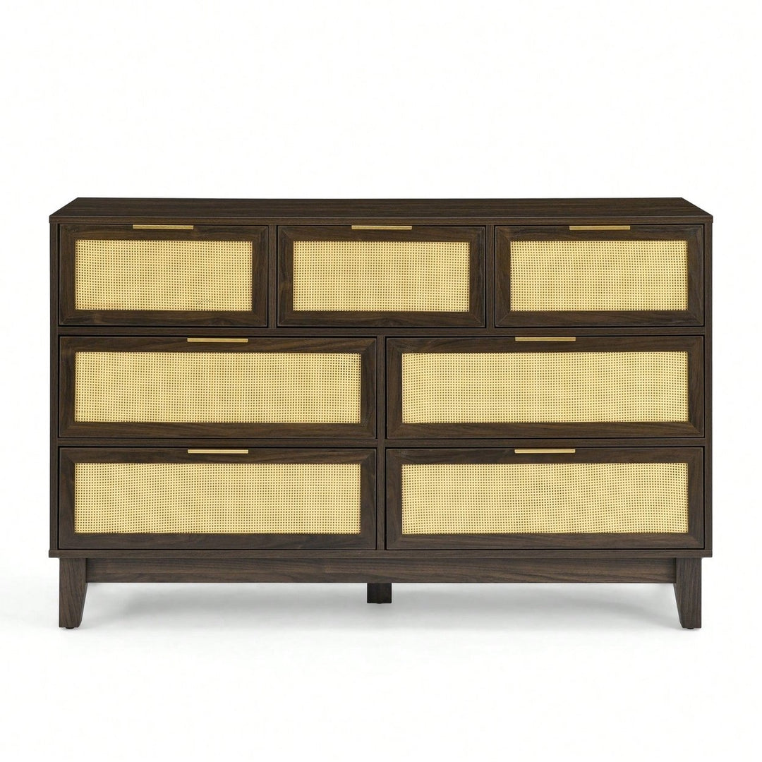 Modern 7-Drawer Rattan Dresser - Stylish Wooden Chest For Spacious Bedroom, Hallway, Or Living Room Storage Image 2