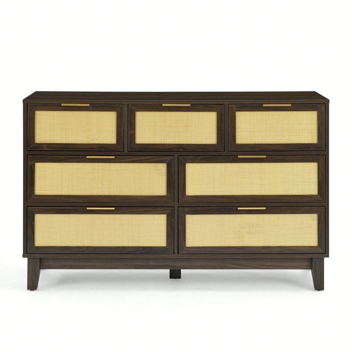 Modern 7-Drawer Rattan Dresser - Stylish Wooden Chest For Spacious Bedroom, Hallway, Or Living Room Storage Image 2