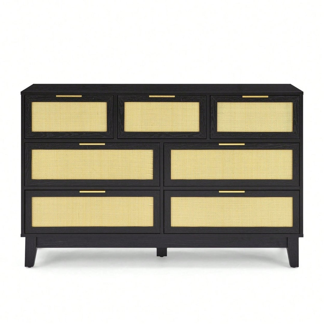 Modern 7-Drawer Rattan Dresser - Stylish Wooden Chest For Spacious Bedroom, Hallway, Or Living Room Storage Image 3