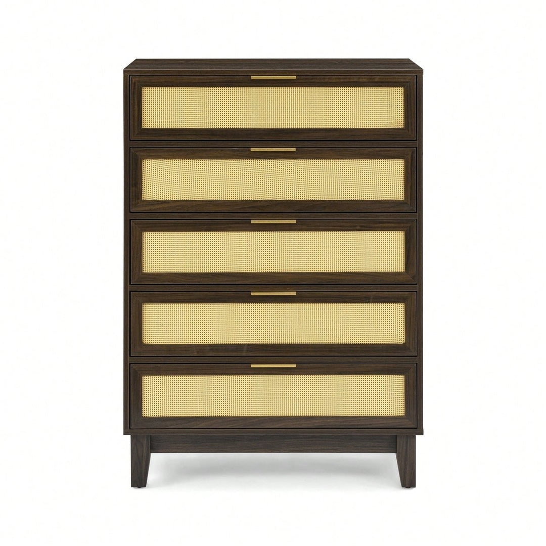 Modern 5-Drawer Rattan Dresser - Stylish Wooden Chest With Ample Storage For Bedroom, Hallway, Or Living Room Image 9