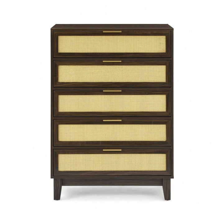 Modern 5-Drawer Rattan Dresser - Stylish Wooden Chest With Ample Storage For Bedroom, Hallway, Or Living Room Image 9