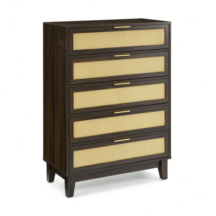 Modern 5-Drawer Rattan Dresser - Stylish Wooden Chest With Ample Storage For Bedroom, Hallway, Or Living Room Image 10