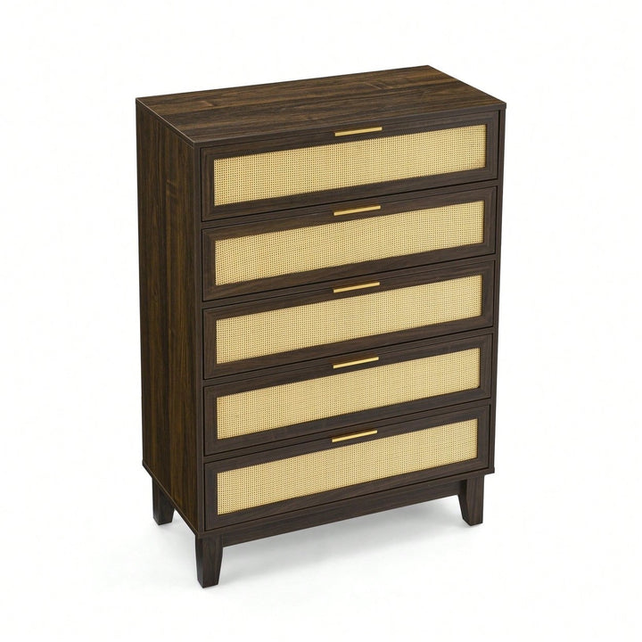 Modern 5-Drawer Rattan Dresser - Stylish Wooden Chest With Ample Storage For Bedroom, Hallway, Or Living Room Image 11