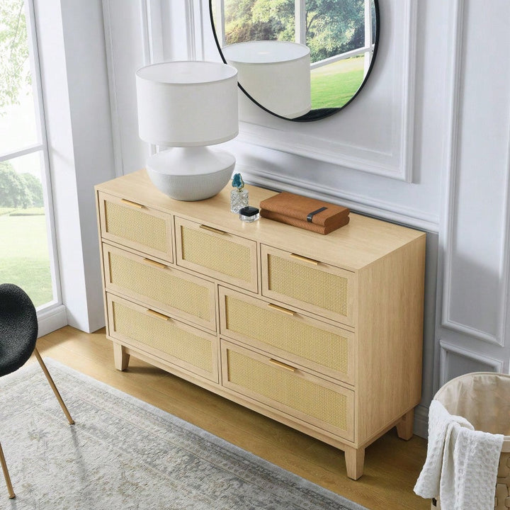 Modern 7-Drawer Rattan Dresser - Stylish Wooden Chest For Spacious Bedroom, Hallway, Or Living Room Storage Image 7