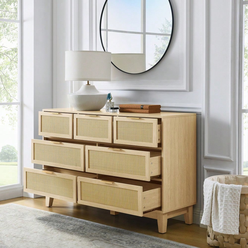 Modern 7-Drawer Rattan Dresser - Stylish Wooden Chest For Spacious Bedroom, Hallway, Or Living Room Storage Image 8