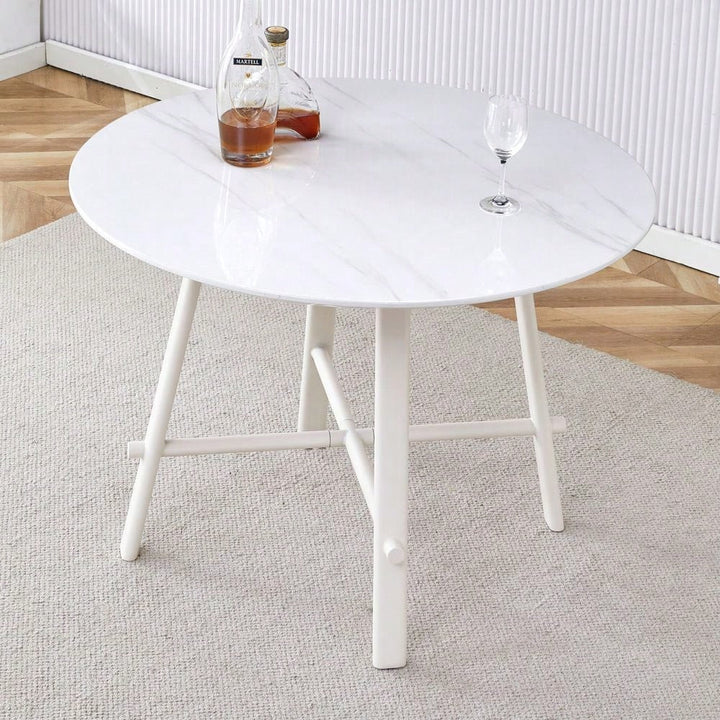 Mid-Century Modern 42 Inch Round Dining Table with Wood Grain Top and White Metal Legs for 4-6 People Image 3