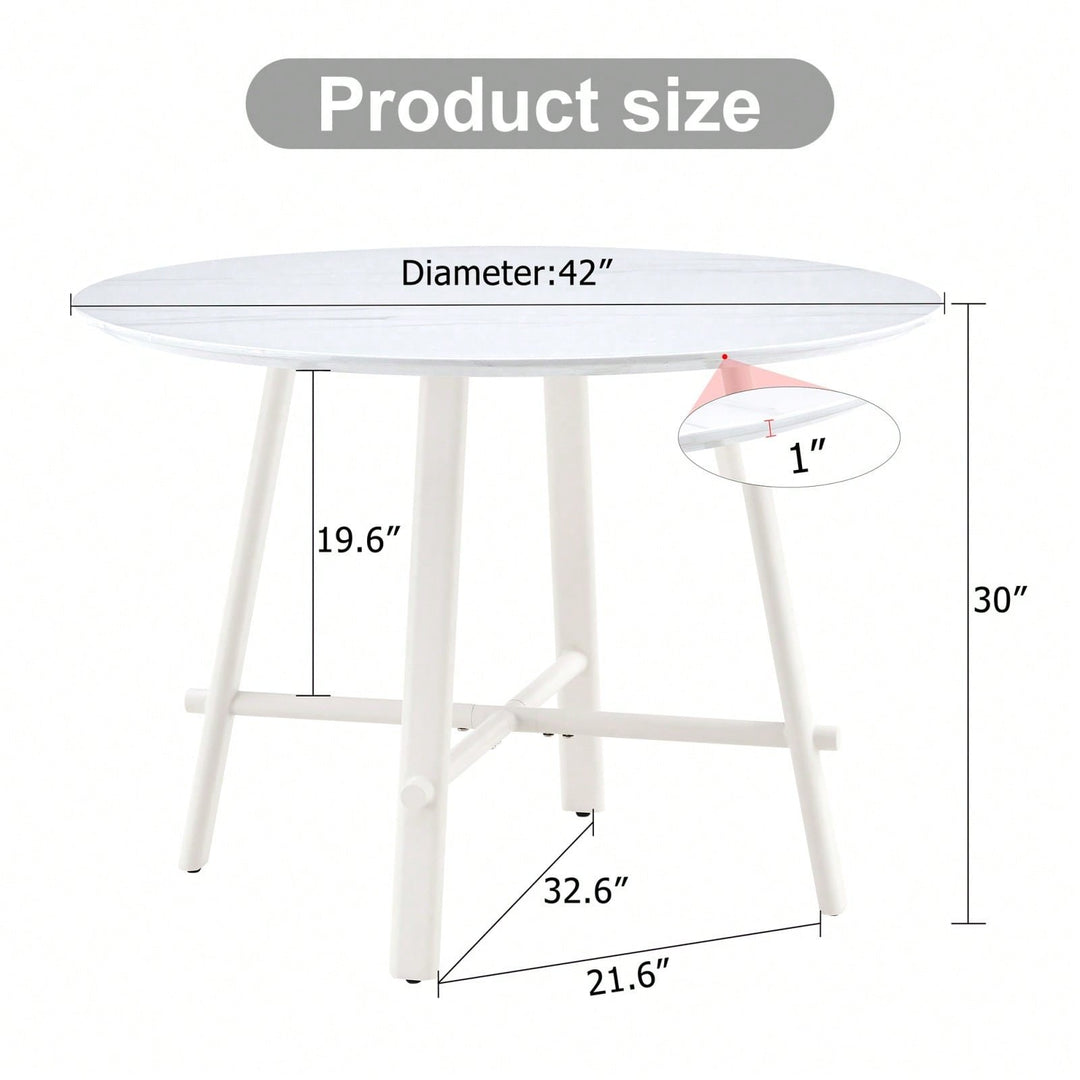 Mid-Century Modern 42 Inch Round Dining Table with Wood Grain Top and White Metal Legs for 4-6 People Image 4