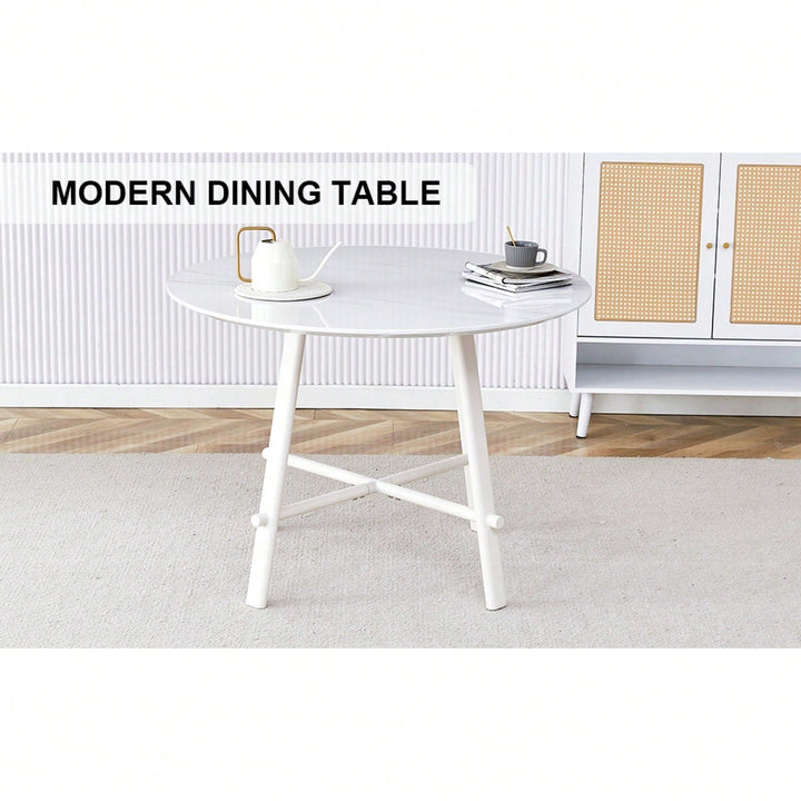 Mid-Century Modern 42 Inch Round Dining Table with Wood Grain Top and White Metal Legs for 4-6 People Image 5