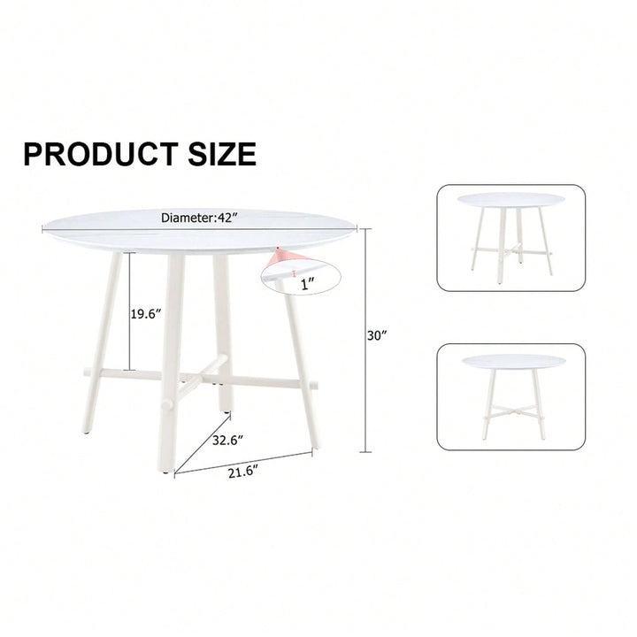 Mid-Century Modern 42 Inch Round Dining Table with Wood Grain Top and White Metal Legs for 4-6 People Image 7