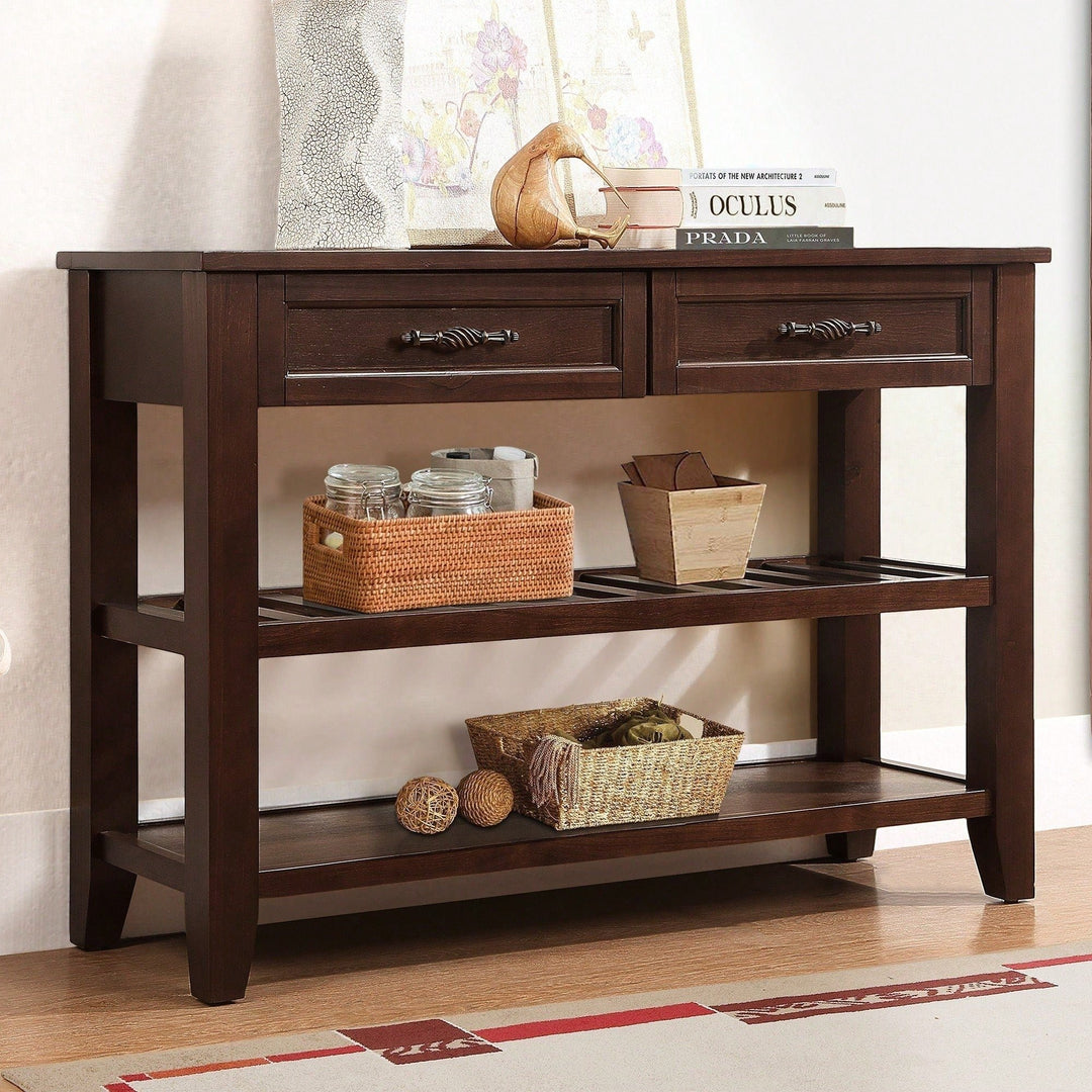 Mid-Century Modern Console Sofa Table with Storage - 42 Inch Solid Wood Sideboard with Drawers and Shelves for Living Image 2