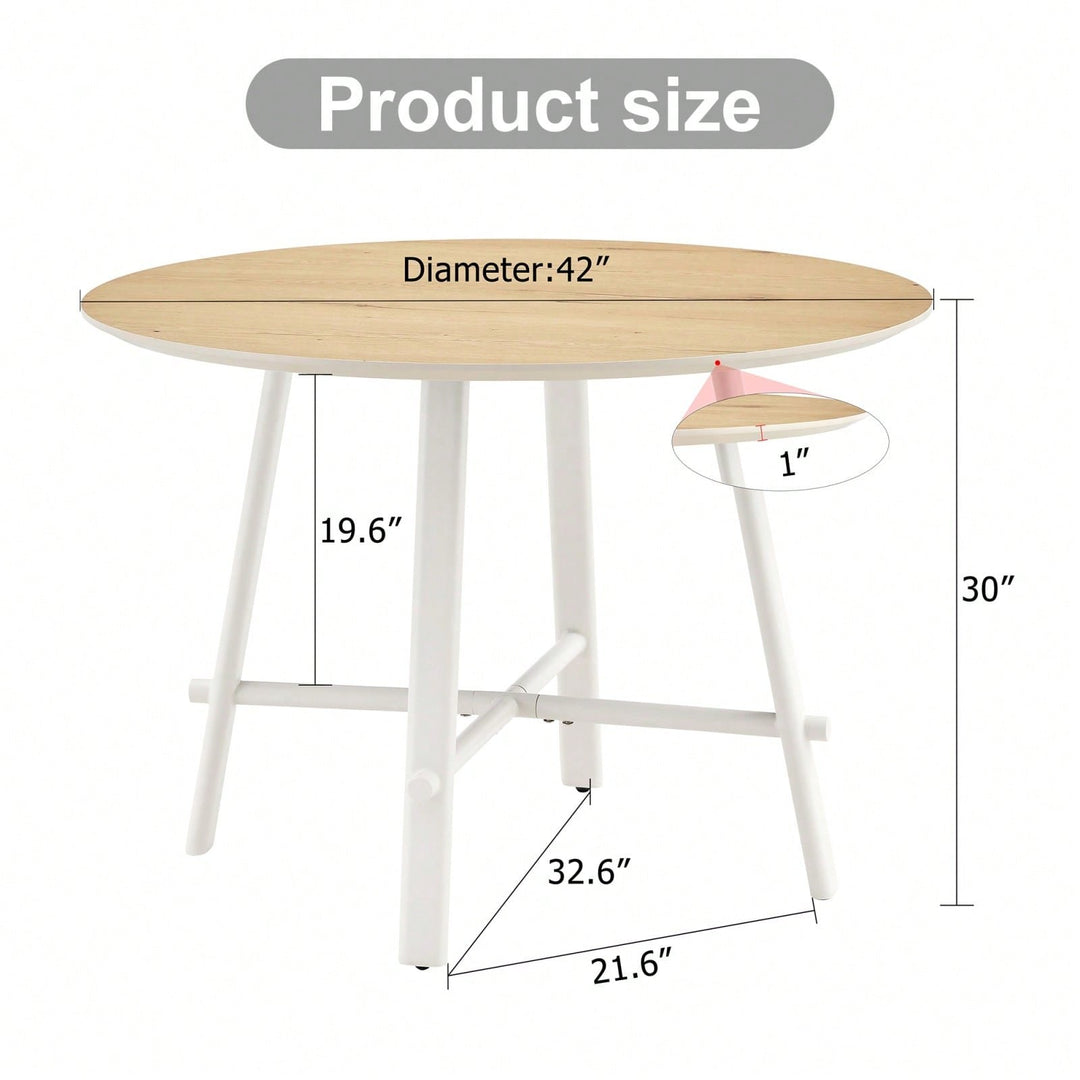 Mid-Century Modern 42 Inch Round Dining Table with Wood Grain Top and White Metal Legs for 4-6 People Image 10