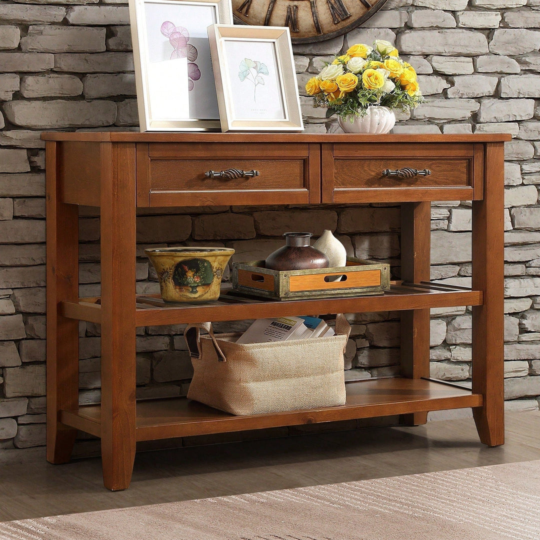 Mid-Century Modern Console Sofa Table with Storage - 42 Inch Solid Wood Sideboard with Drawers and Shelves for Living Image 3