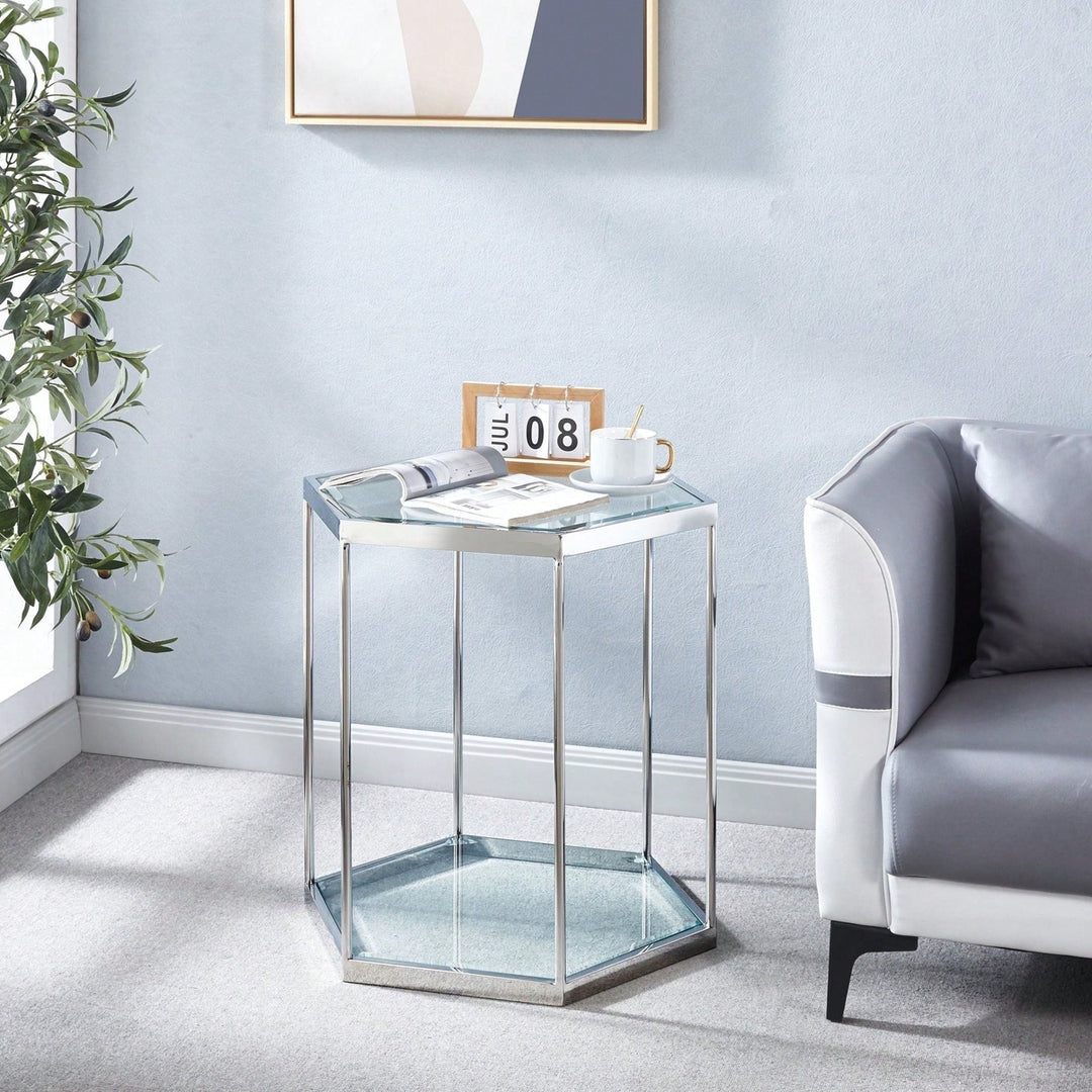 Modern Glass End Table With Gold Finish Stainless Steel Frame Image 1