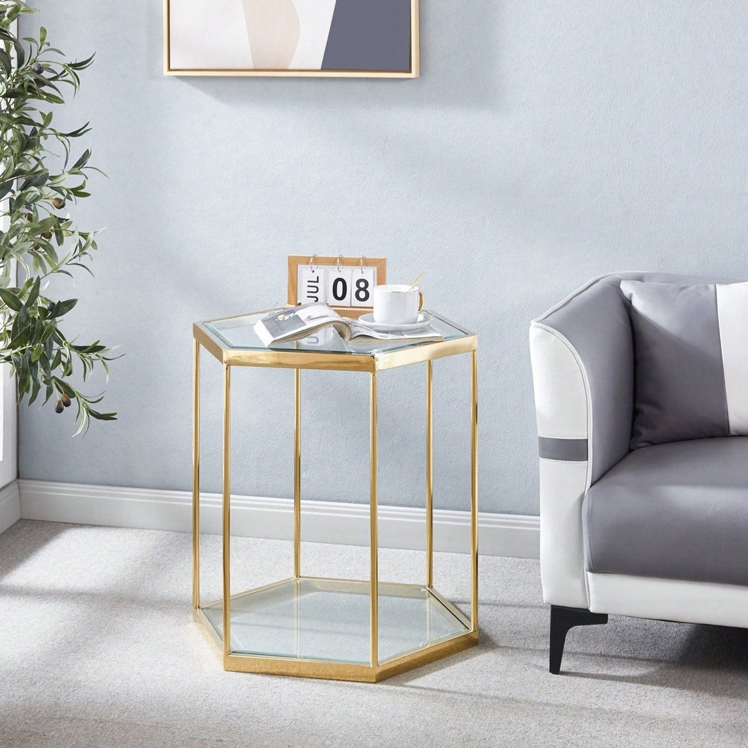 Modern Glass End Table With Gold Finish Stainless Steel Frame Image 1