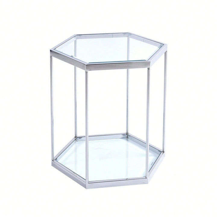 Modern Glass End Table With Gold Finish Stainless Steel Frame Image 4