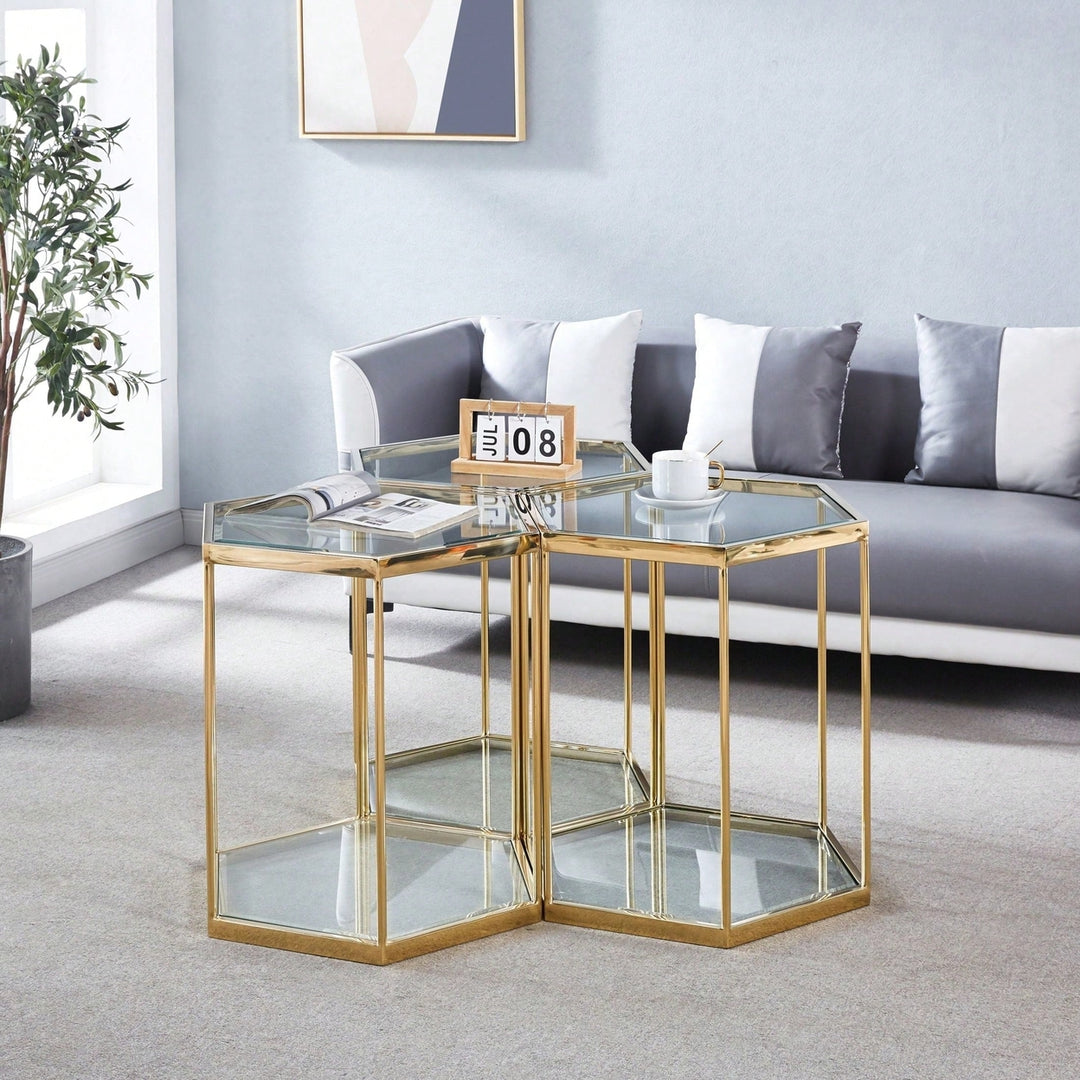 Modern Glass End Table With Gold Finish Stainless Steel Frame Image 11